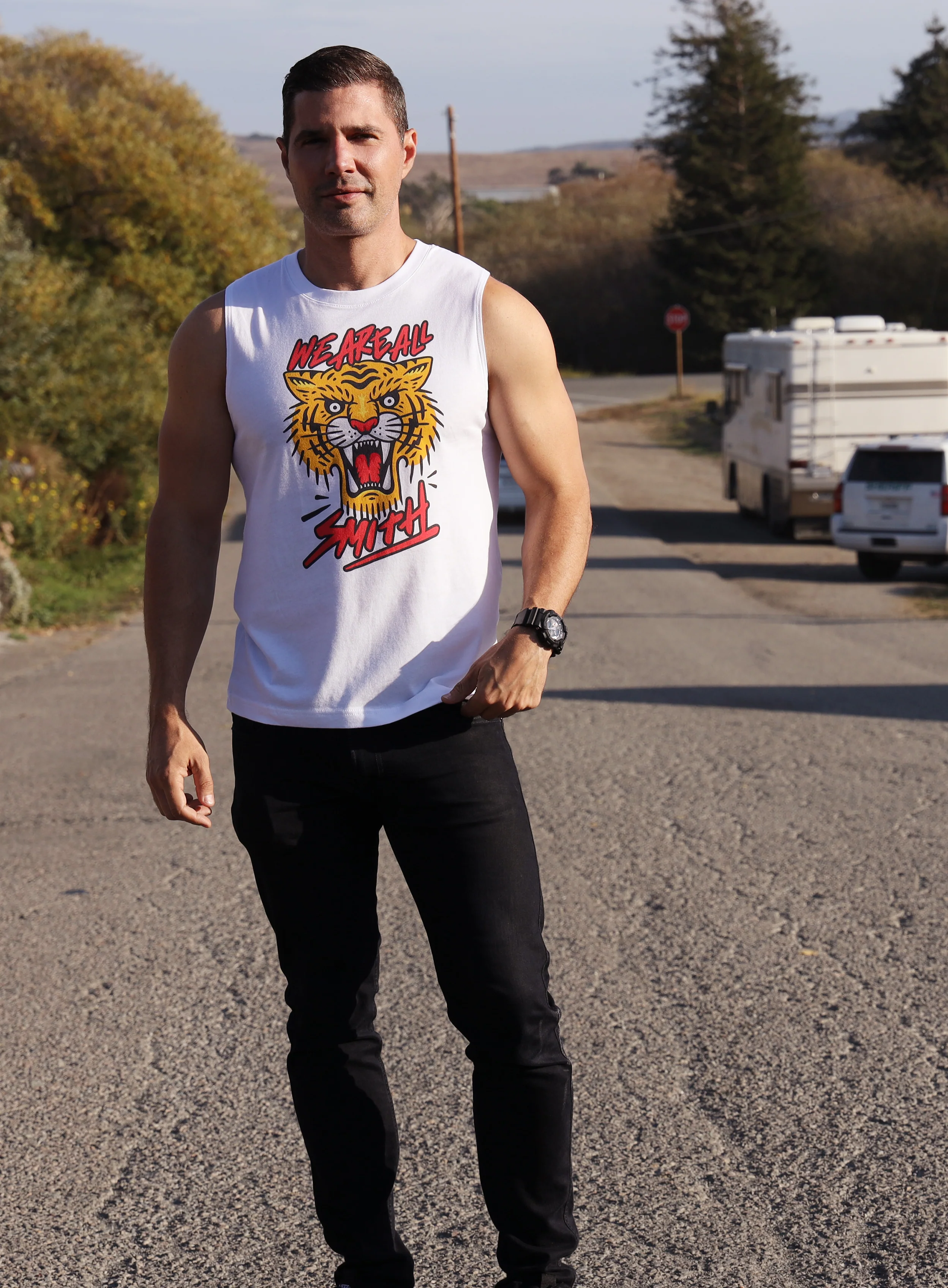 Tiger We Are All Smith Logo White Muscle Shirt - Image 5