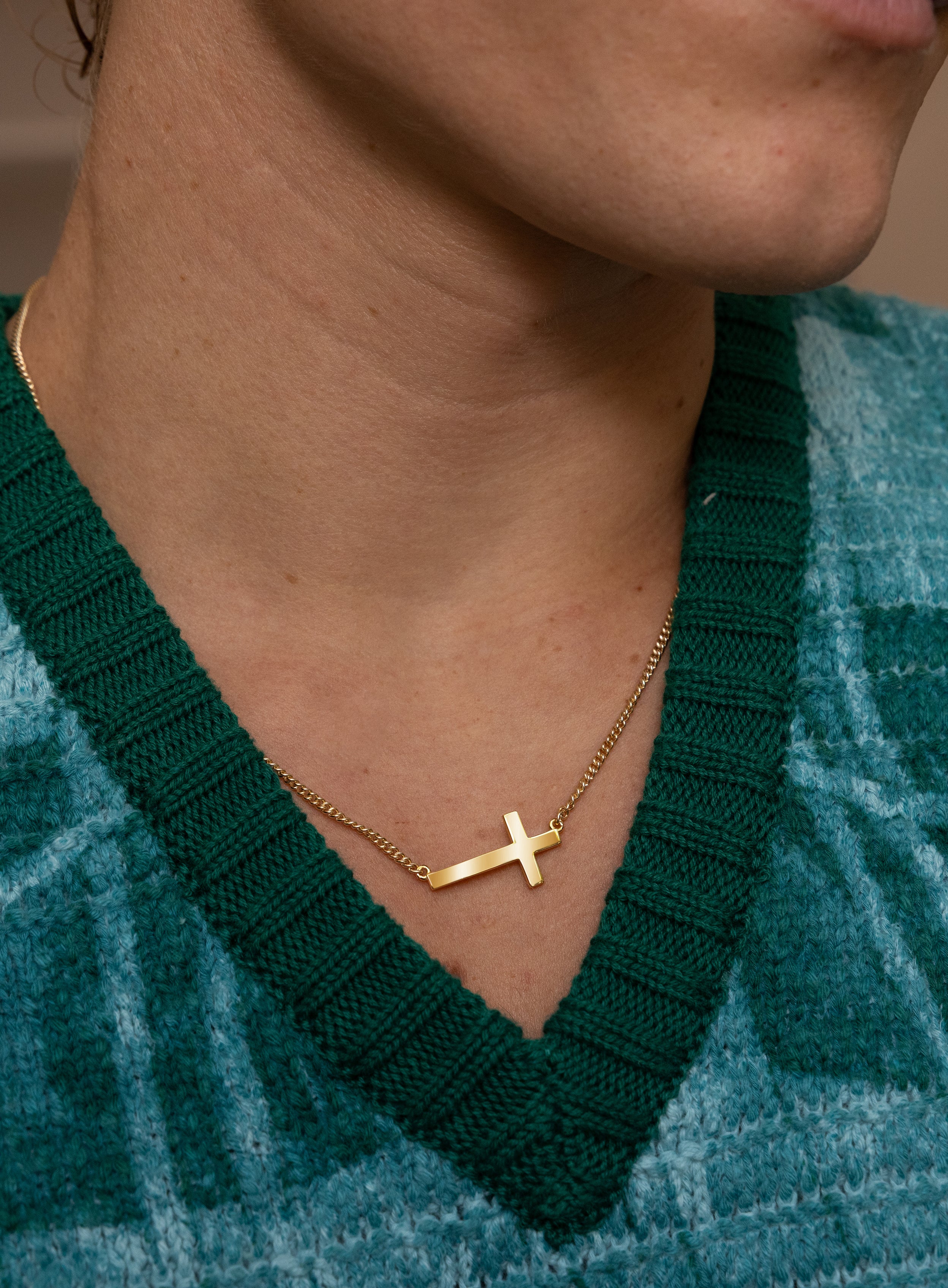 Vermeil Gold Sideways Cross on 14k Gold Filled Curb Chain - Image 6