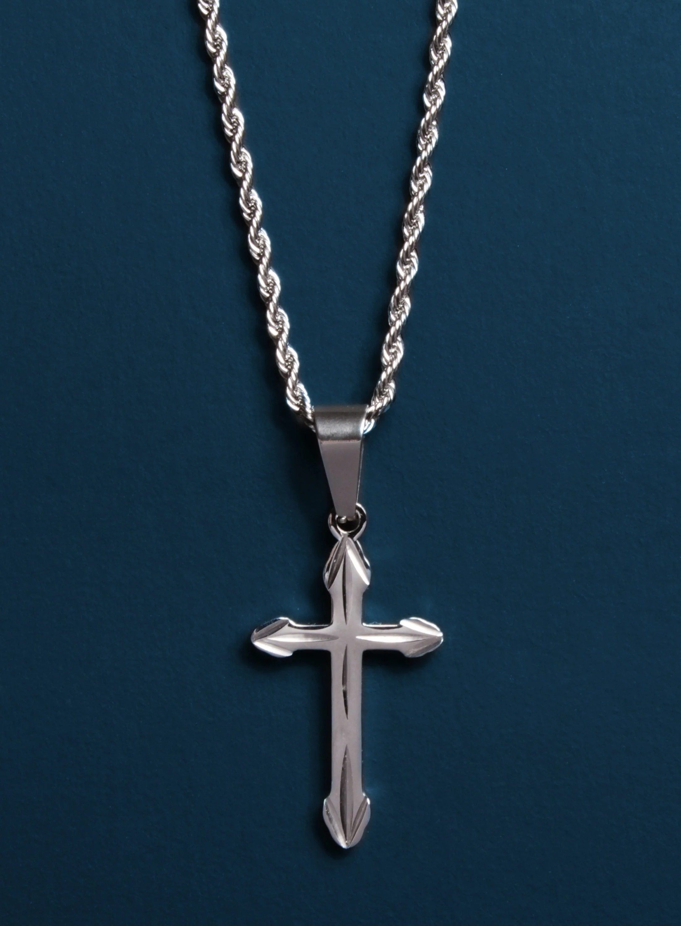 Waterproof Silver Cross for Men on Rope Chain