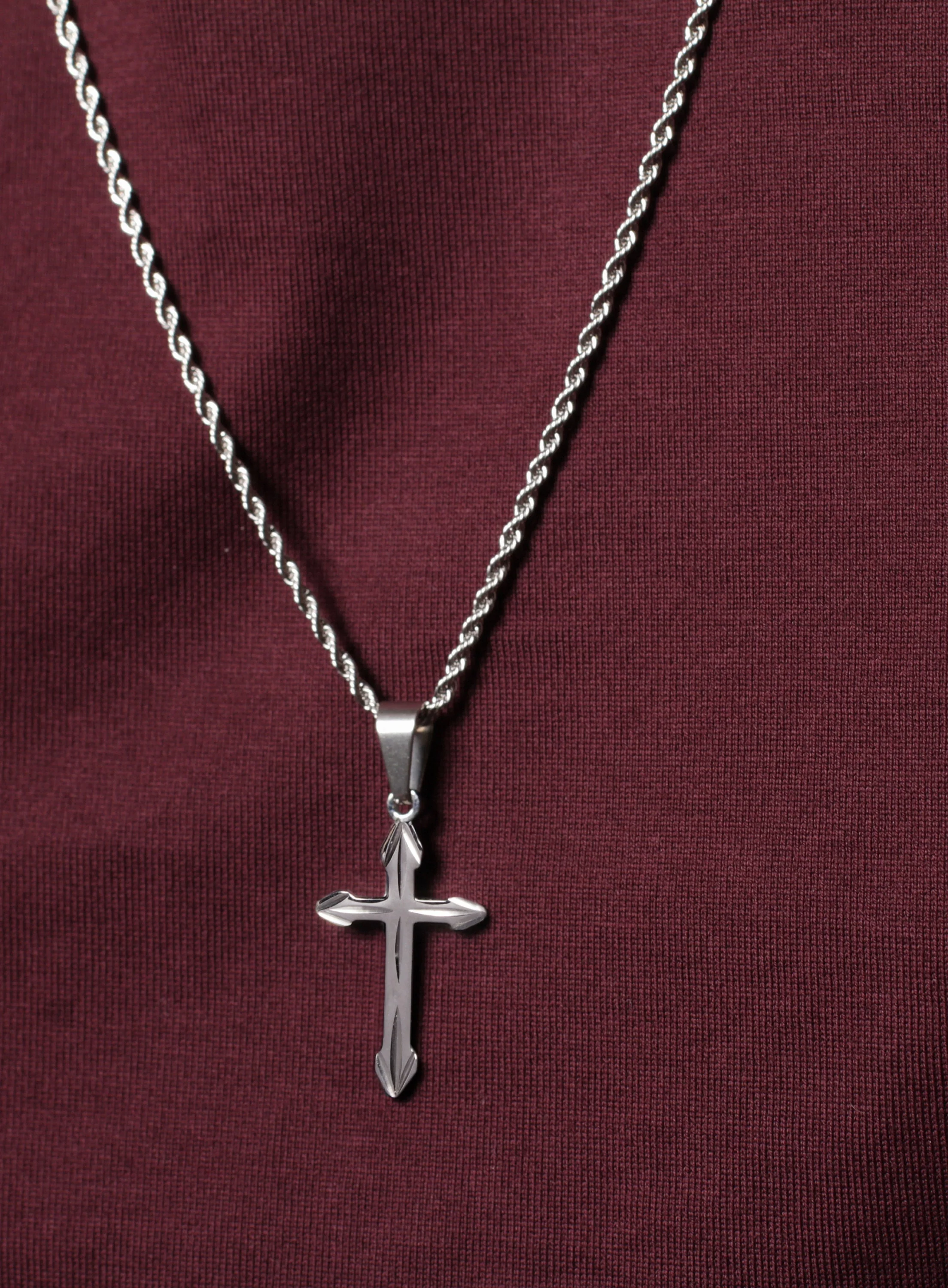 Waterproof Silver Cross for Men on Rope Chain - Image 8