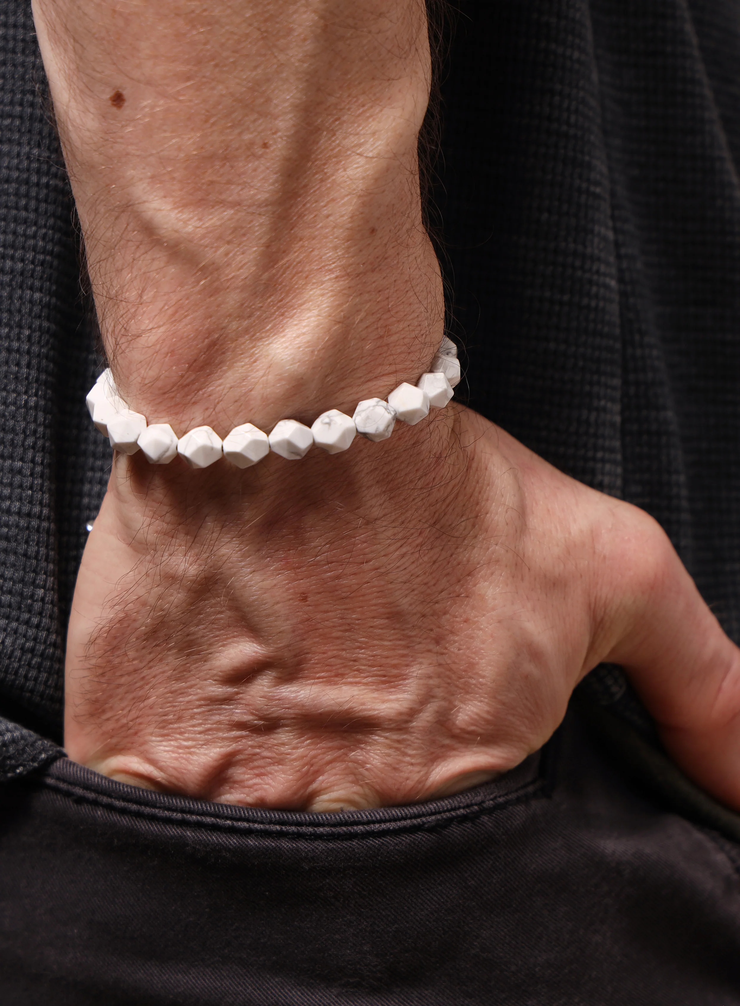 White Howlite and Sterling Silver Bead Bracelet for Men - Image 10