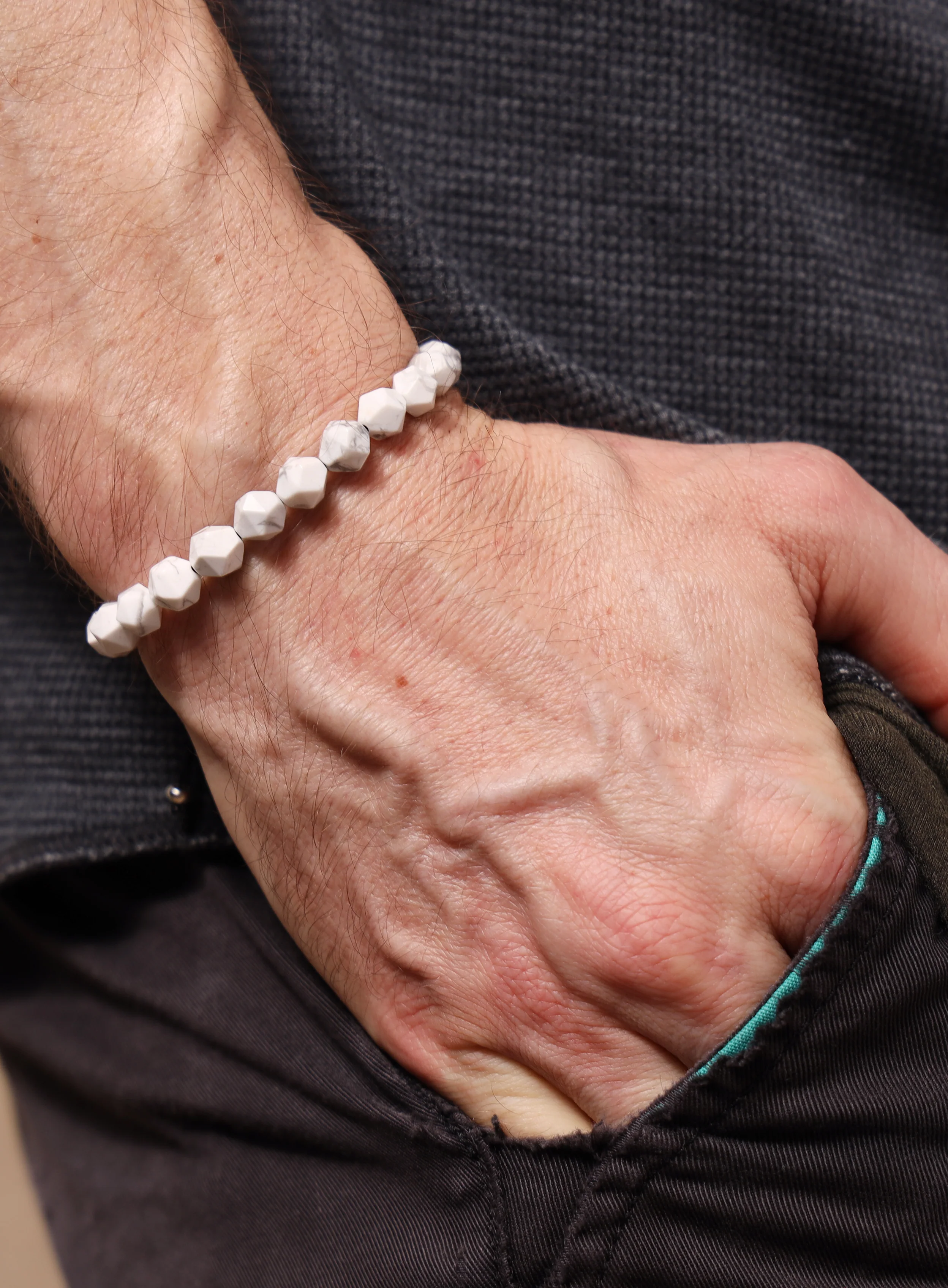 White Howlite and Sterling Silver Bead Bracelet for Men - Image 5